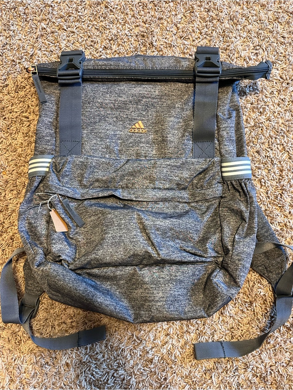 adidas Heather Gray Roll-Top Backpack with Subtle Rose Gold Logo